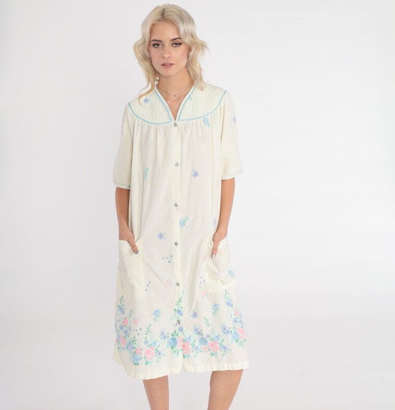 80s Floral Nightgown Pale Yellow Pajama Dress Snap up Nightie Midi Tent Pajamas Lounge Pockets Short Sleeve Sleepwear Vintage 1980s Large L
