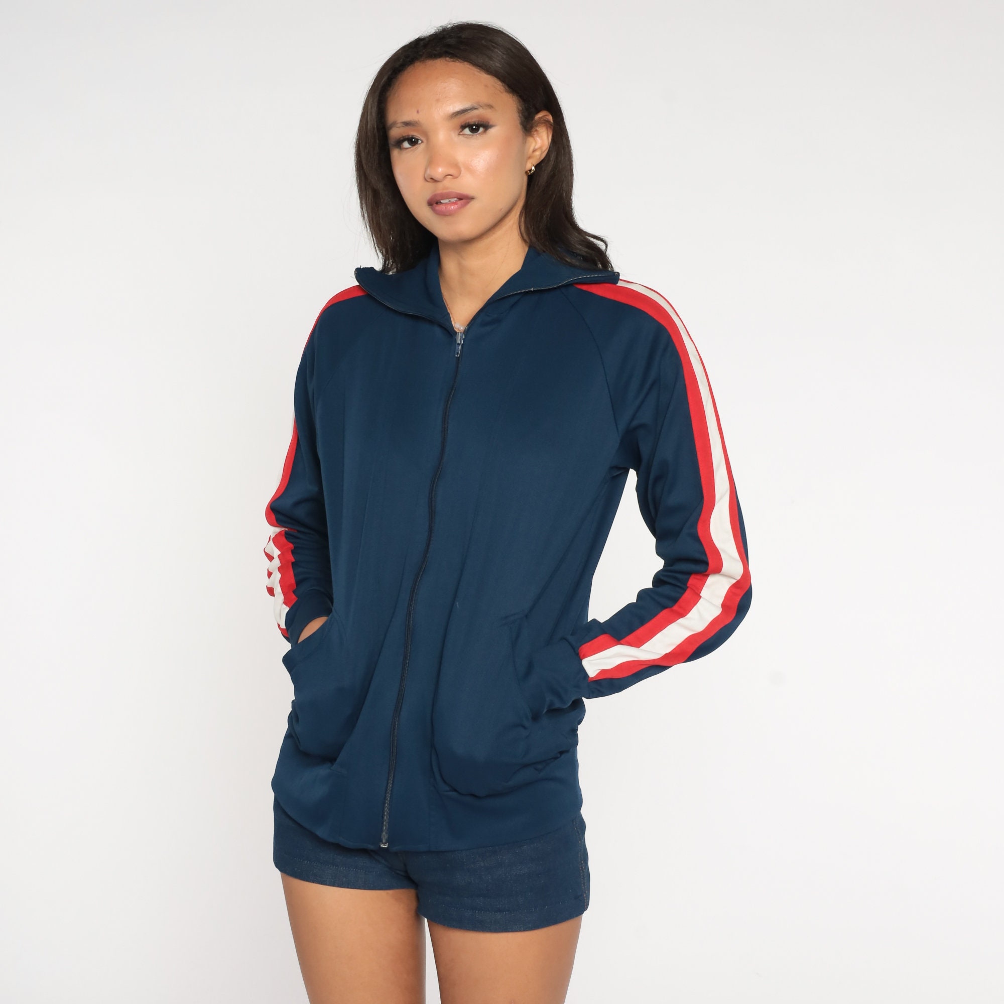 Navy Blue Track Jacket 80s Zip up Jacket Red White Striped Warmup Jacket Raglan Sleeve Streetwear Athletic Sporty Vintage 1980s Medium Etsy