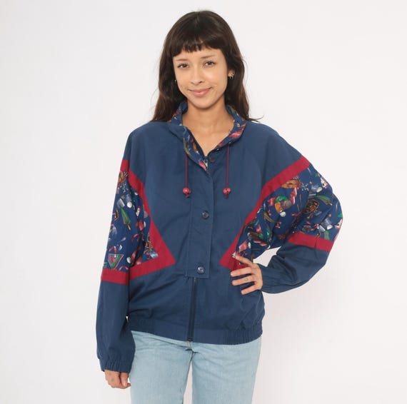 Golf Print Windbreaker 90s Navy Bomber Jacket Red Color Block Zip Up Stand Collar Patterned Sleeve Sporty Athletic Vintage Coat Medium M