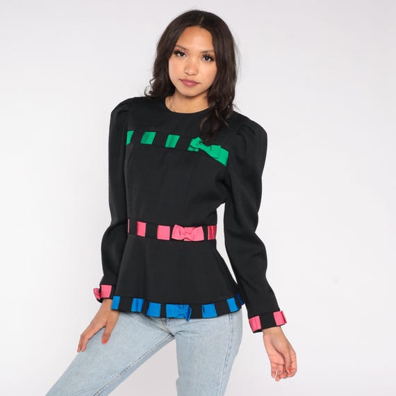 90s Colorblock Ribbon Bow Peplum Blouse Black Long Sleeve Puff Shoulder Structured Waist Fitted Top by Go Vicki Labelled Size 9 10