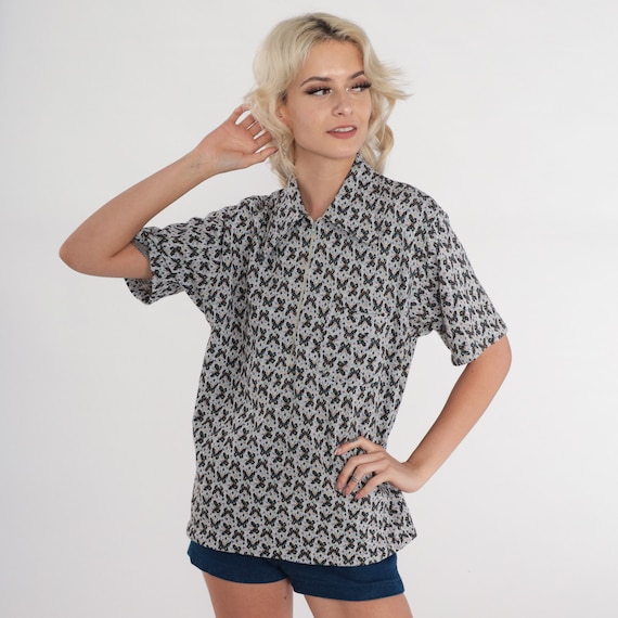 70s Butterfly Shirt Quarter Zip Up Polo Disco Top Woven Butterflies Print Collared Short Sleeve Retro Seventies Blouse Vintage 1970s Large L