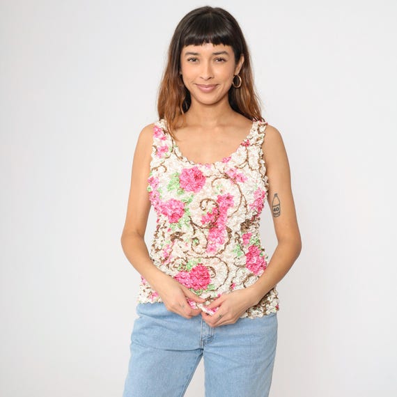 Y2K Floral Popcorn Tank Top Off-White Texture Blouse Stretchy Boho Sleeveless Shirt Pink Flower Print Summer Vintage 00s Small Medium Large