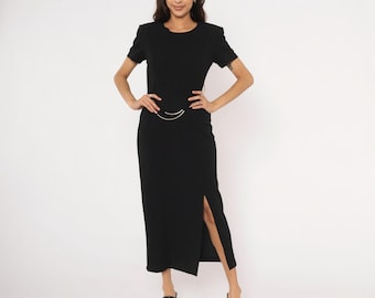 Vestido largo negro de los 90, detalle de cintura metálica plateada, manga corta, corpiño ajustado, vestido de cóctel de noche, estilo grunge oscuro, chica limpia, estilo vintage alternativo, talla S