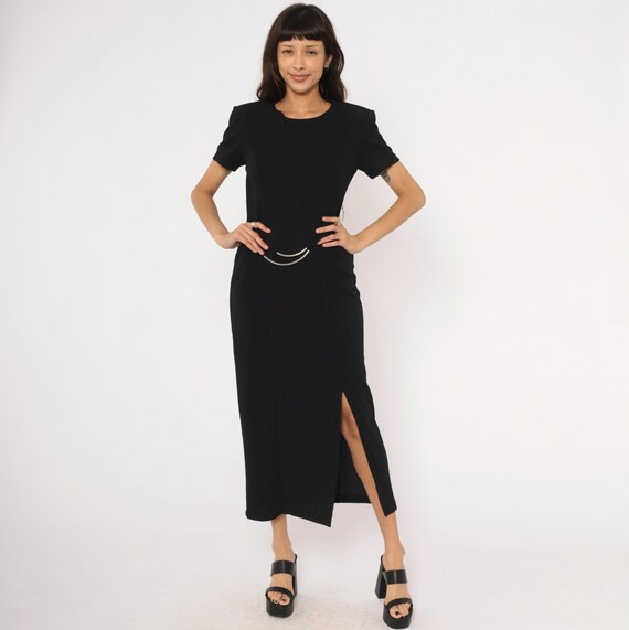 90s Black Maxi Dress Silver Metal Waist Detail Short Sleeve Fitted Bodice Cocktail Evening Gown Dark Grunge Clean Girl Alt Vintage Small S