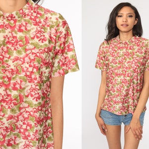 Pink Floral Blouse Mod Top 60s Shirt 70s Short Sleeve Top Tunic Boho Summer Vintage 1960s Bohemian Small