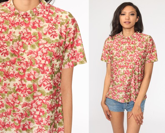Pink Floral Blouse Mod Top 60s Shirt 70s Short Sleeve Top Tunic Boho Summer Vintage 1960s Bohemian Small