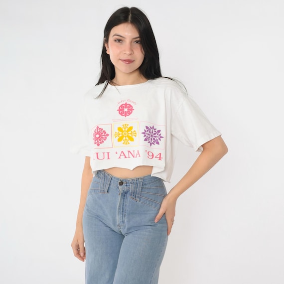 Vintage Cropped Hawaii T Shirt 90s Hui Ana 1994 White Hawaiian Boxy Fit Graphic Tee Raw Hem Souvenir Festival Top 1990s Large L
