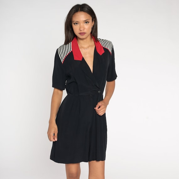 Black Romper 90s Wrap V Neck Striped Playsuit Collared Short Sleeve Jumpsuit Red White Shorts High Waist Wide Leg Vintage 1990s Small S