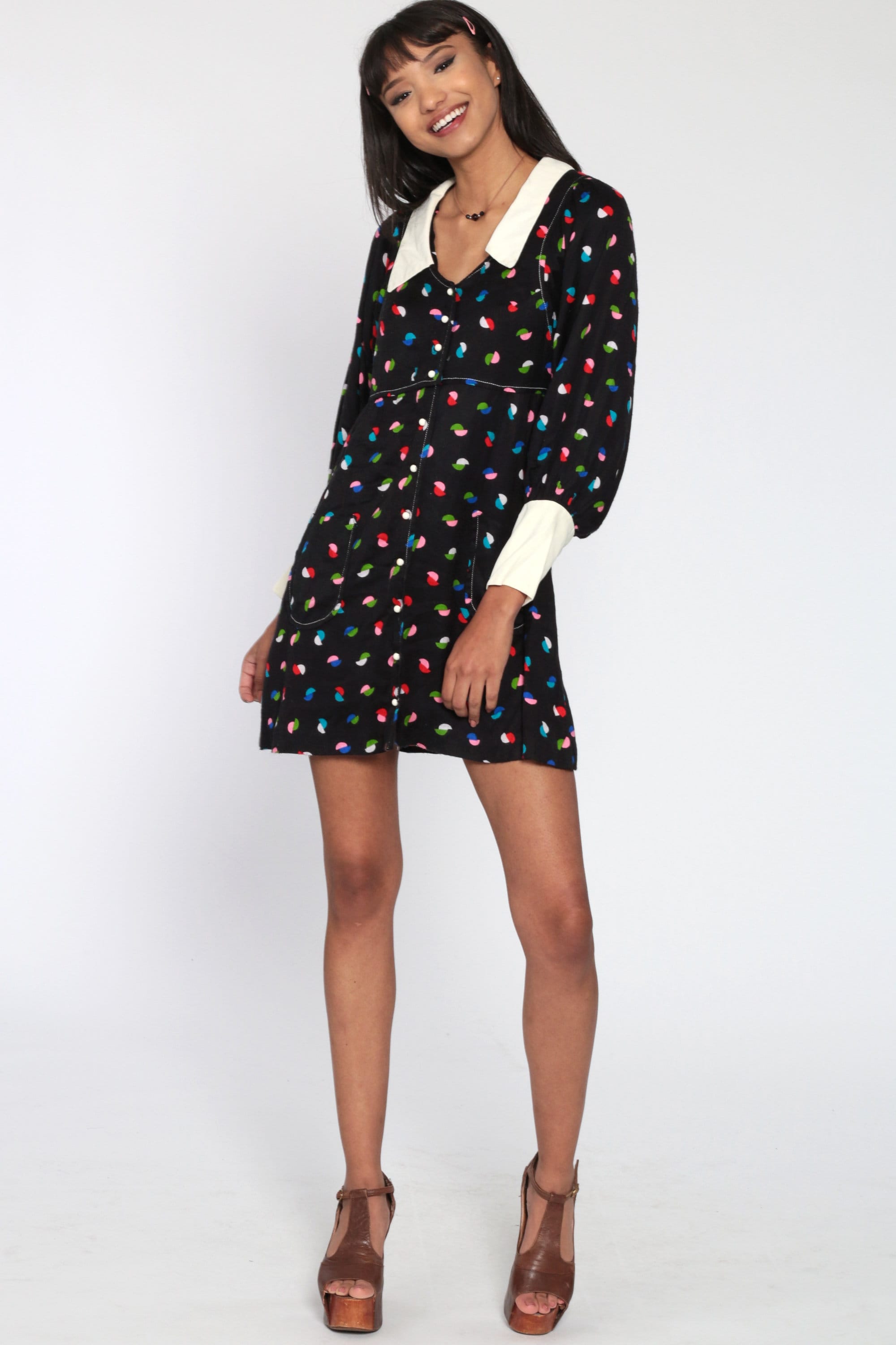 Black Babydoll Dress Geometric Print 70s Mini Bohemian Mod 1970s Long Sleeve White Collar Dress