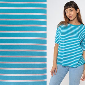 Blue Striped T-Shirt 90s White Pink Tee Basic TShirt Streetwear Casual Crewneck Short Sleeve Top Vintage 1990s Cotton Large L