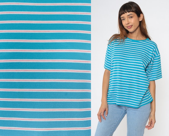 Blue Striped T-Shirt 90s White Pink Tee Basic TShirt Streetwear Casual Crewneck Short Sleeve Top Vintage 1990s Cotton Large L