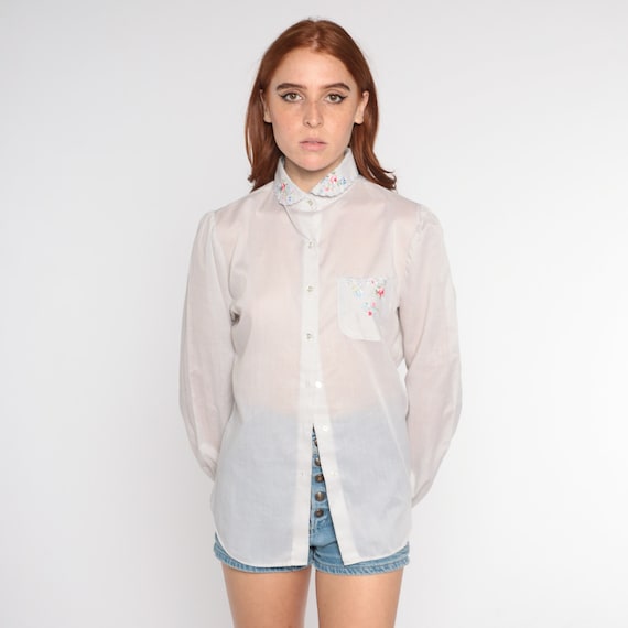 80s Sheer Blouse White Floral Embroidered Button Up Top Peter Pan Collar Long Puff Sleeve Secretary Shirt Girly Cute Vintage 1980s Small S