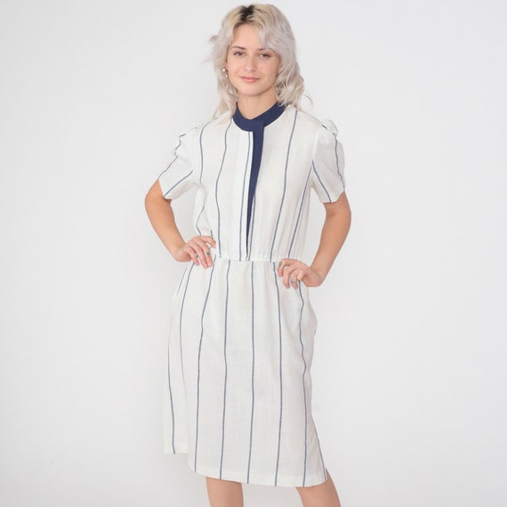 White Striped Dress 80s Midi Dress Puff Sleeve Da… - image 3