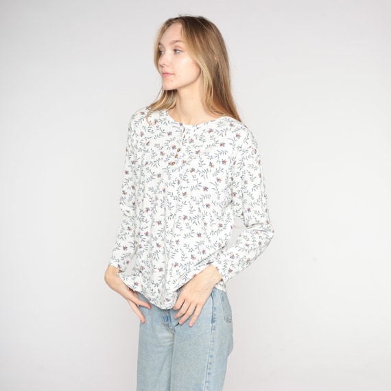 Vintage Floral Henley Shirt 90s Long Sleeve Sleeve Top Grunge Half Button Up Ribbed Shirt Boho Retro Thermal Bohemian White 1990s Medium M