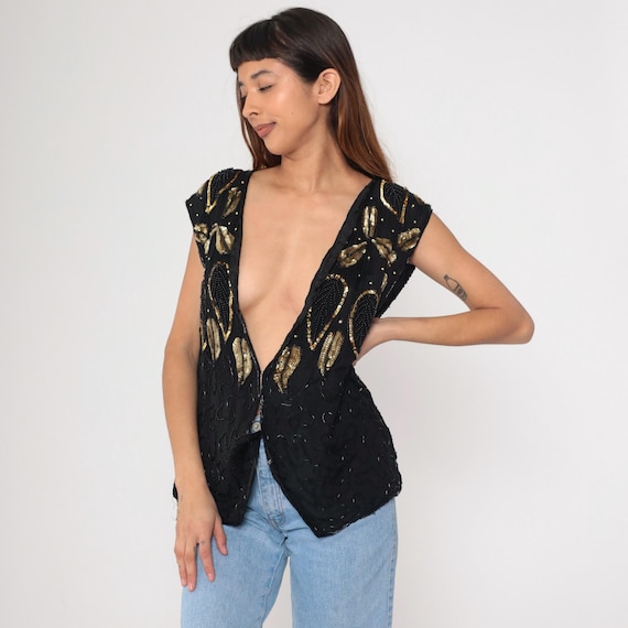 Sequin Beaded Vest Top 90s Black Silk Vest Deep V Neck Metallic Gold Leaf Evening Party Vest Vintage 1990s Button Up Sleeveless Top Medium