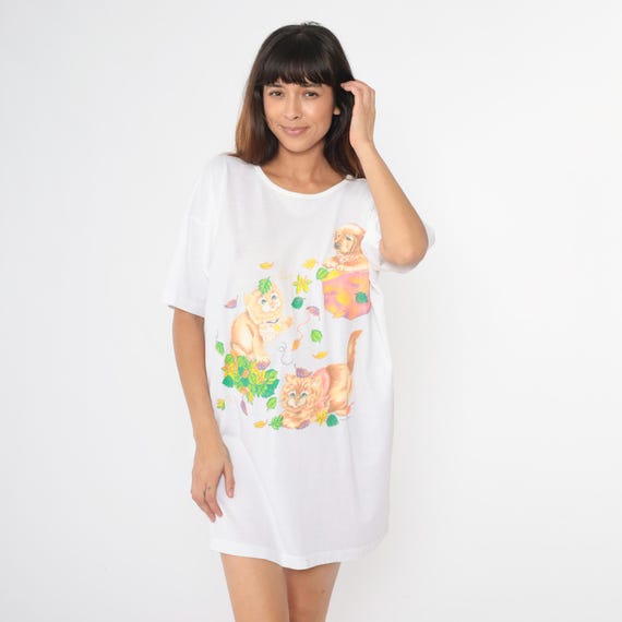 Vintage Kitten T-Shirt Dress 90s Puppy Dog Cat Pajama Tshirt Mini Nightie Kawaii Tee 1990s Small Medium Large