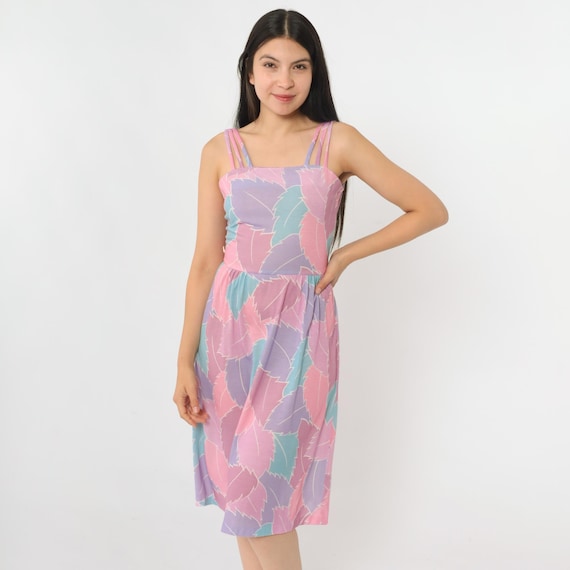 Vintage Pastel Floral Sundress 80s Purple Midi Sun High Waist Boho Fit and Flare Summer 1980s Bohemian Spaghetti Strap Extra Small xs