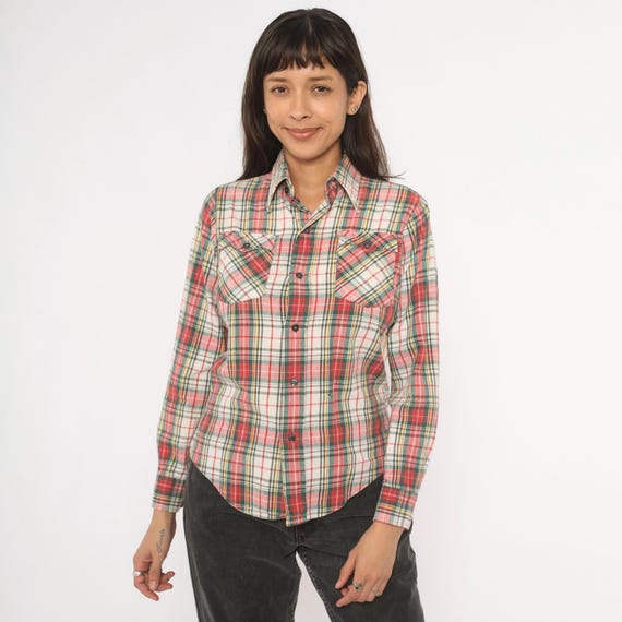 80s Plaid Flannel Shirt Red Green Cotton Button Front Western Yoke Top Tartan Check Long Sleeve Collar Grunge Vintage Blouse Extra Small XS