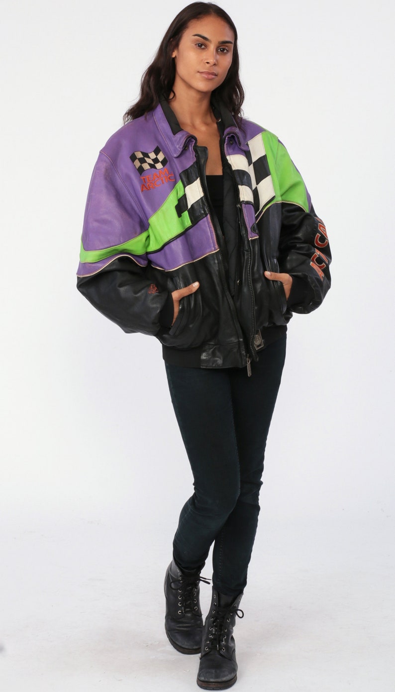 Leather Arctic Cat Jacket Neon Racing Jacket Moto Zip Up Jacket Motorcycle Jacket Black 90s Striped Retro Vintage Black Purple Green Large