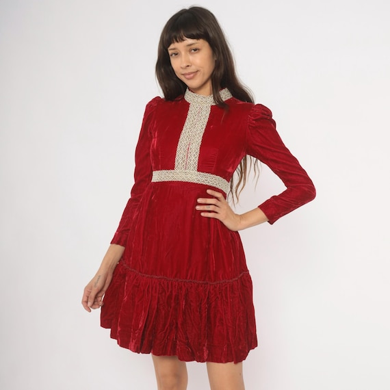 70s Velvet Mini Dress Puff Sleeve Lace Victorian Prairie Ruffle Hem Empire Waist Holiday Red Burgundy Gold Braid Cottagecore Extra Small XS