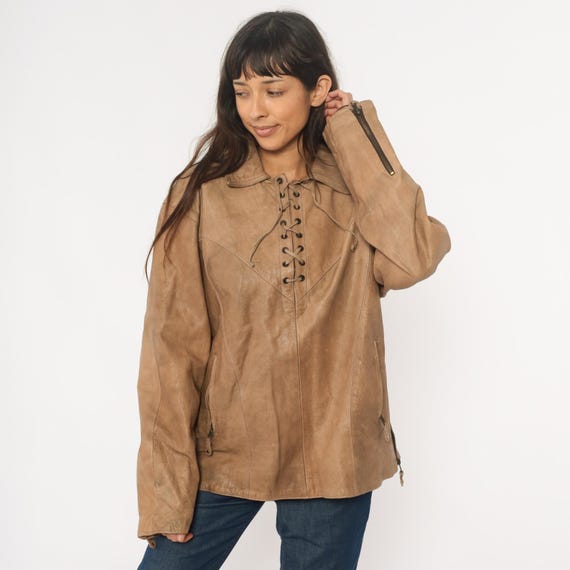 70s Leather Jacket Brown Tan Lace Up Front Collar Long Sleeve Western Side Zip Details Soft Buttery Vintage Cognac Camel Extra Large XL
