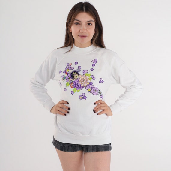 Glitter Floral Sweatshirt 90s White Raglan Sleeve Sweater Sparkly Purple Flower Graphic Shirt Pullover Crewneck Boho Vintage 1990s Medium M