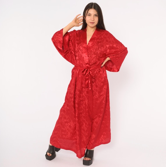 90s Red Satin Robe Floral Jacquard Long Gown Tie Belt Wide Sleeve Lingerie Loungewear Contessa Di Roma Valentines Day Plus Size 2X