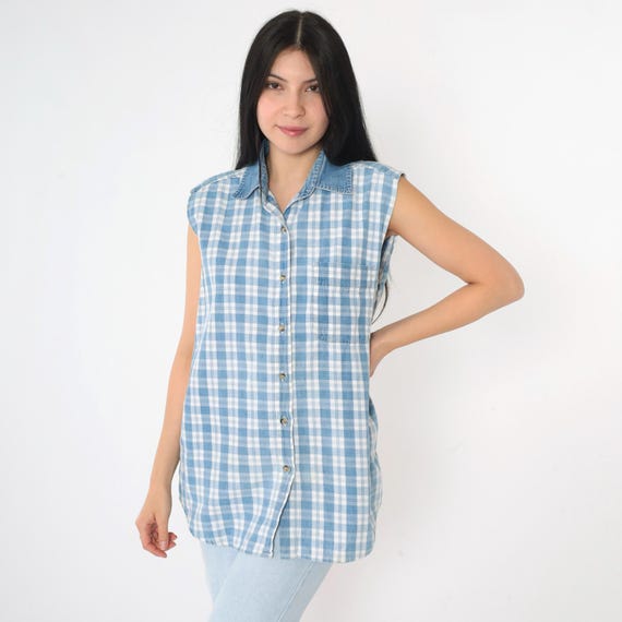 Vintage Blue Checkered Blouse 90s Sleeveless Tank Top Plaid Denim Collar Shirt Button Up Top 1990s Retro Medium Large