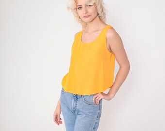 Marigold Yellow Tank Top 90s Camisole Retro Basic Cami Simple Warm Gold Sleeveless Shirt Scoop Neck Blouse Plain Vintage 1990s Rayon Small S