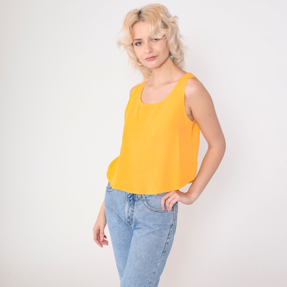 Marigold Yellow Tank Top 90s Camisole Retro Basic Cami Simple Warm Gold Sleeveless Shirt Scoop Neck Blouse Plain Vintage 1990s Rayon Small S