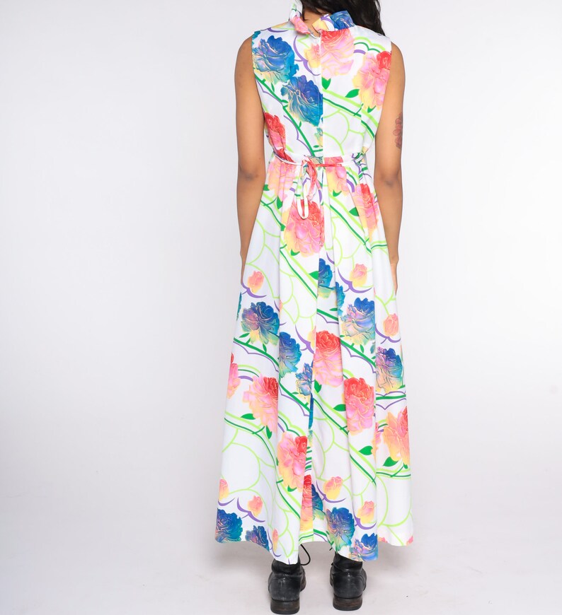 70s Floral Dress Boho White Rose Print Dress Maxi V NECK Empire Waist ...