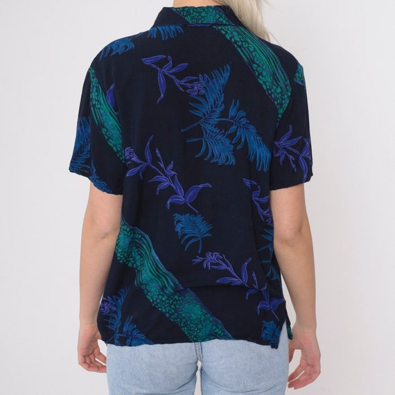 Tropical Leopard Shirt 90s Black Rayon Leaf Print… - image 7