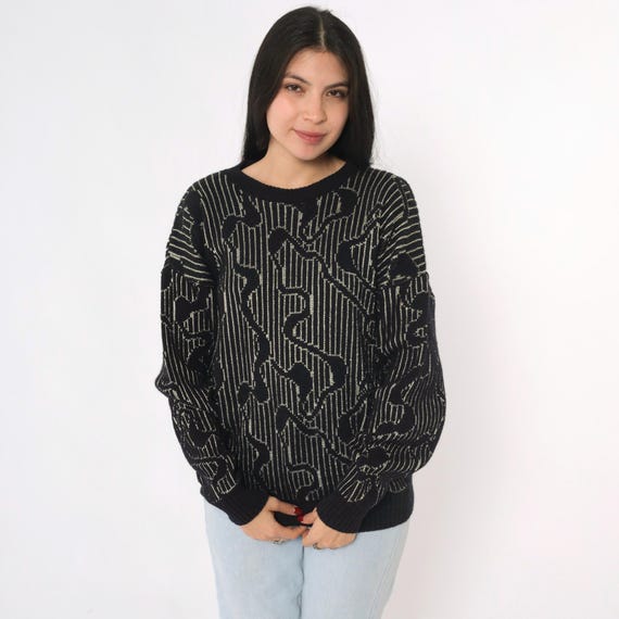 Vintage Black Metallic Sweater 80s Silver Striped Abstract Sweater Evening Knitwear 1980s Knit Slouchy Sweater Small Medium
