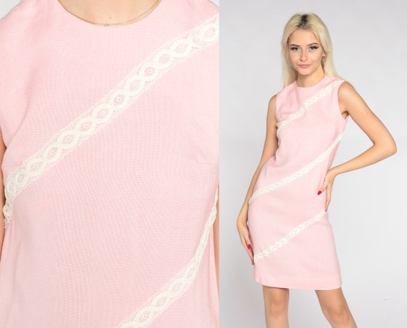 Pink Shift Dress 60s Mod Mini Dress Lace Trim Par… - image 1