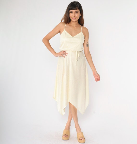 Vintage 70s Hanky Hem Dress Small Boho Party Dress Grecian Gown Midi 1970s Bohemian High Waisted Spaghetti Strap Handkerchief Hem Size S