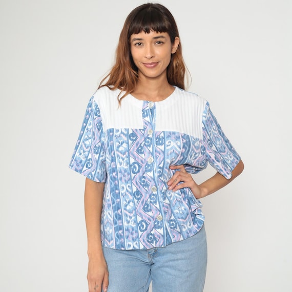 Blue Ikat Top 90s Geometric Print Short Sleeve Cotton Blouse Button Front Vintage Tribal Pattern Shirt Maximalist Fritzi Large L