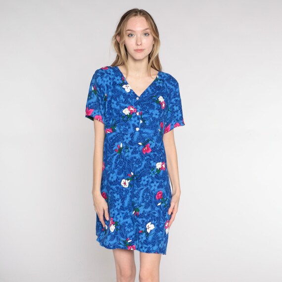 Tropical Floral Dress Y2K Blue Mini Dress Hawaiian Flower Print Short Sleeve Empire Waist V Neck Retro Summer Day Vintage 00s Rayon Medium M
