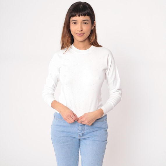 Rainbow Confetti Sweatshirt 90s White Cotton Speckled Dots Minimalist Basic Tee Shirt Relaxed Fit Loungewear Pajama Thermal Vintage Medium M