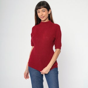 Vintage Burgundy Knit Shirt 70s Sweater Top Retro Mock Neck Ribbed Blouse Plain Basic Hipster Minimalist Seventies 1970s Small