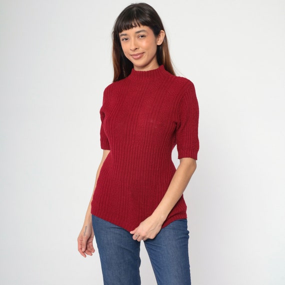 Vintage Burgundy Knit Shirt 70s Sweater Top Retro Mock Neck Ribbed Blouse Plain Basic Hipster Minimalist Seventies 1970s Small