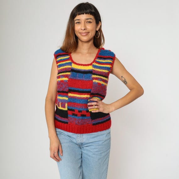 80s Sweater Vest Top Bright Checkered Knit Vest Red Blue Yellow Striped Vest Vintage Scoop Neck 1980s Sleeveless Primary Color Small