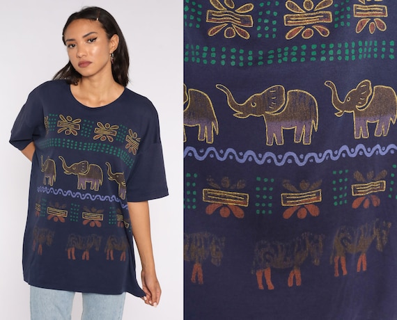 Safari Animal T Shirt 90s Elephant Shirt Zebra Jungle Tshirt Graphic T Shirt Vintage Navy Blue Extra Large xl