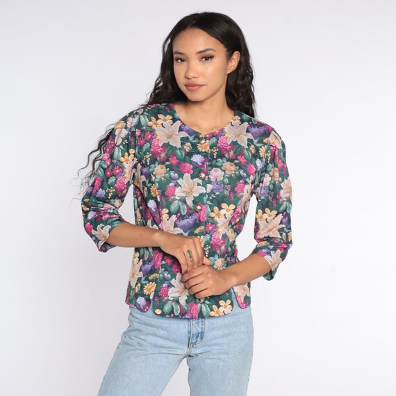 80s Floral Shirt Puff Sleeve Blouse Button Up Shi… - image 3