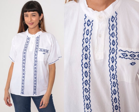 White Tunic Top Embroidered Aztec Button Up Blouse 90s Hippie Shirt Bohemian Blue Festival Boho Top 1990s Henley Short Sleeve Medium