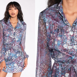 70s Floral Dress Purple Sheer Chiffon Sleeve Mini Flower Print Collared Boho Hippie Button Up High Waist Bohemian 1970s Vintage Large L