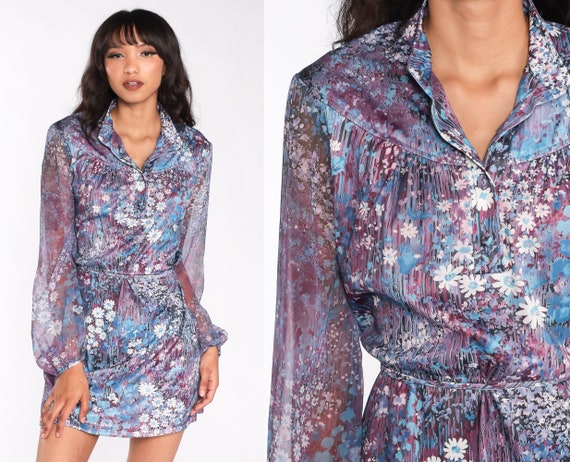 70s Floral Dress Purple Sheer Chiffon Sleeve Mini Flower Print Collared Boho Hippie Button Up High Waist Bohemian 1970s Vintage Large L