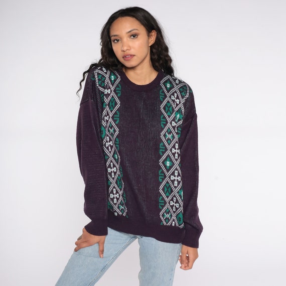 Fair Isle Sweater 80s Pullover Eggplant Purple Boho Sweater Geometric Print 1980s Vintage Knit Bohemian Green Crewneck Extra Large xl