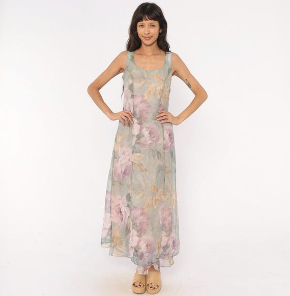 90s Sheer Floral Maxi Dress Sage Pink Rose Print Chiffon Sleeveless Fairy Garden Party Summer Gown Layered Prairie Feminine Vintage Medium M
