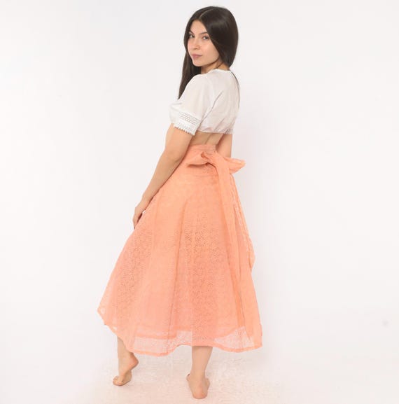 Peach Lace Wrap Skirt 90s Floral Sheer A Line Pink Salmon Coral Summer Cottagecore Fairy Ballet Prairie Vintage Medium To Extra Large XL