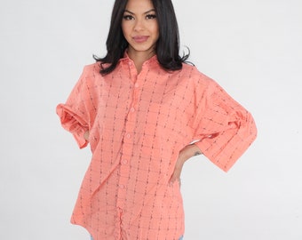 Pink Checkered Shirt 90s Button up Shirt Retro Preppy Collared Shirt 3/4 Sleeve Peach Oxford Button Down Cotton Vintage 1990s Mens Medium